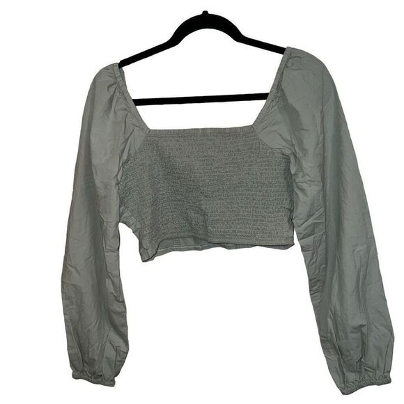 Cotton on light moss green linen cotton peasant top crop top smocked corset styl - Picture 2 of 6